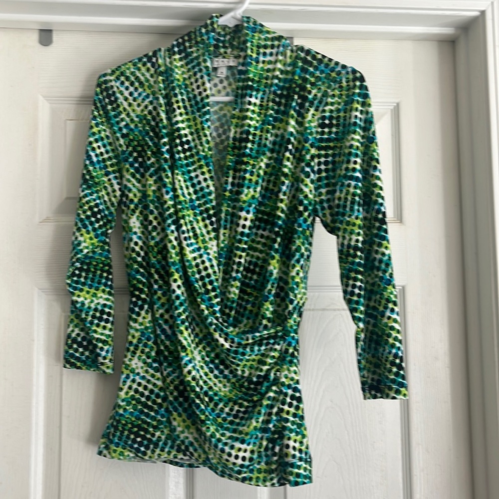 Chaus blue and green wrap top, size medium